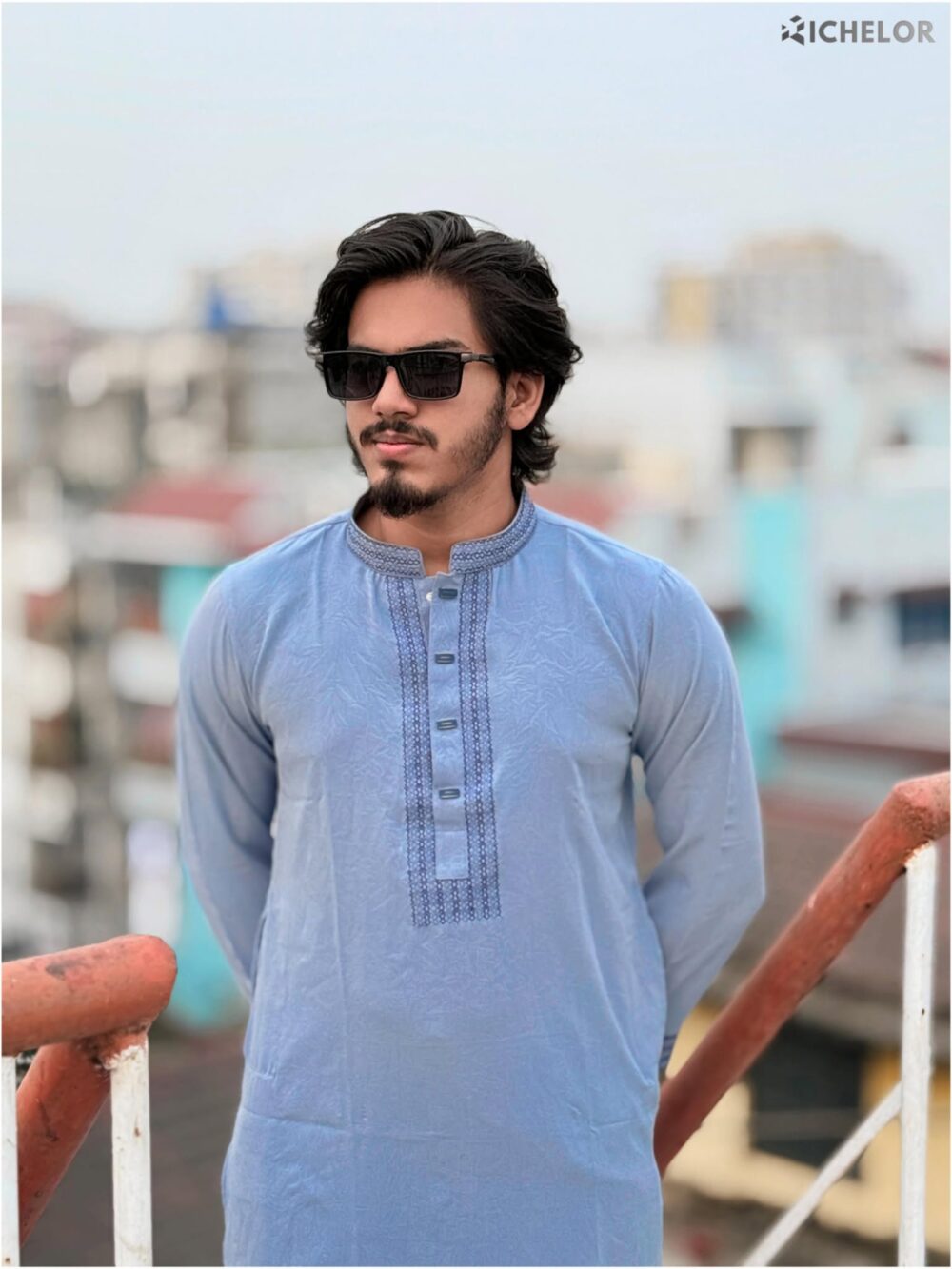 Premium Embroidery Work Sky Blue Colour Panjabi - Image 1
