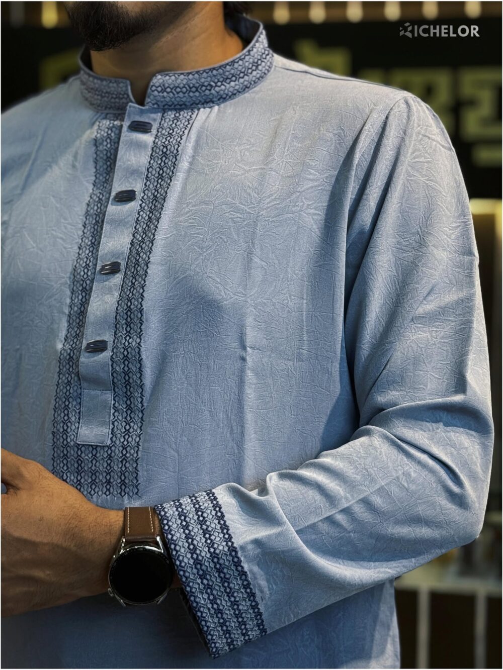 Premium Embroidery Work Sky Blue Colour Panjabi - Image 3