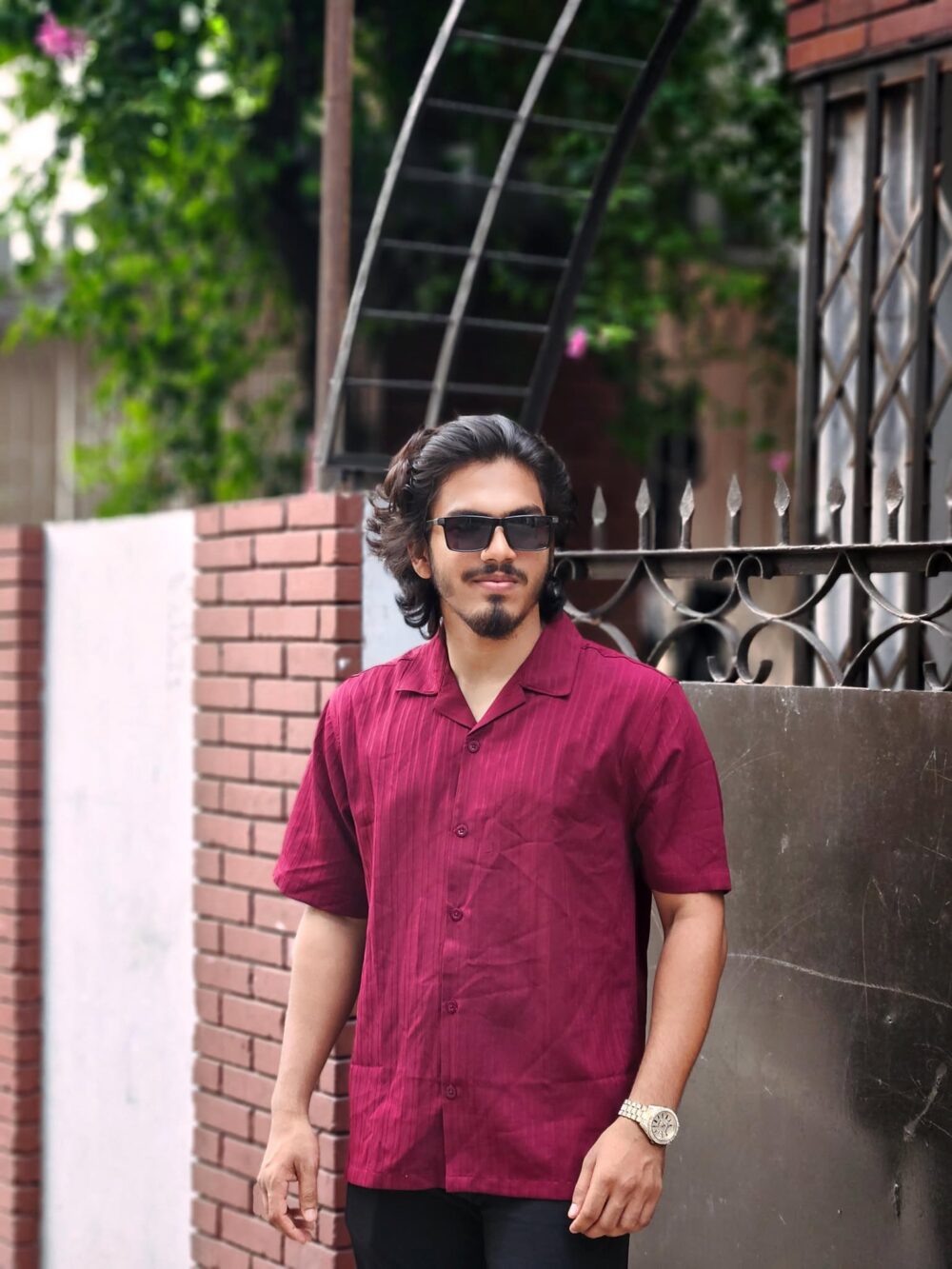 Cuban Half Fancy Shirt - Maroon Colour - Image 1